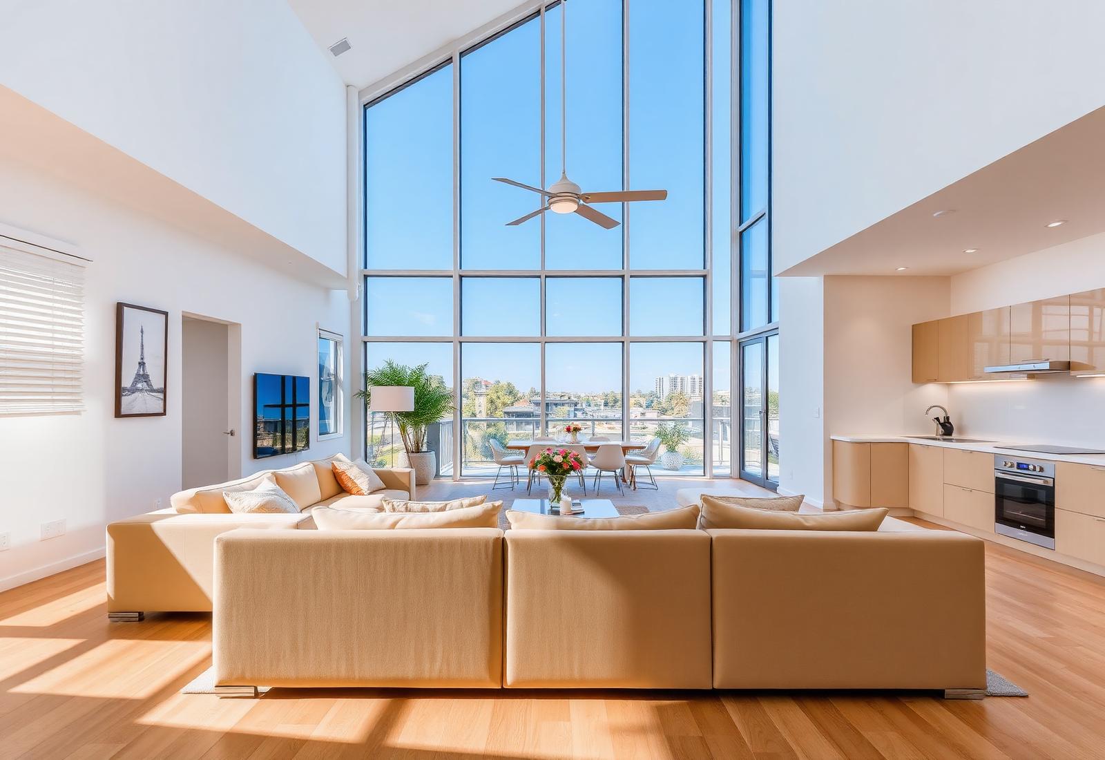 Bright, spotless living room and kitchen cleaned by A² Cleaning Services